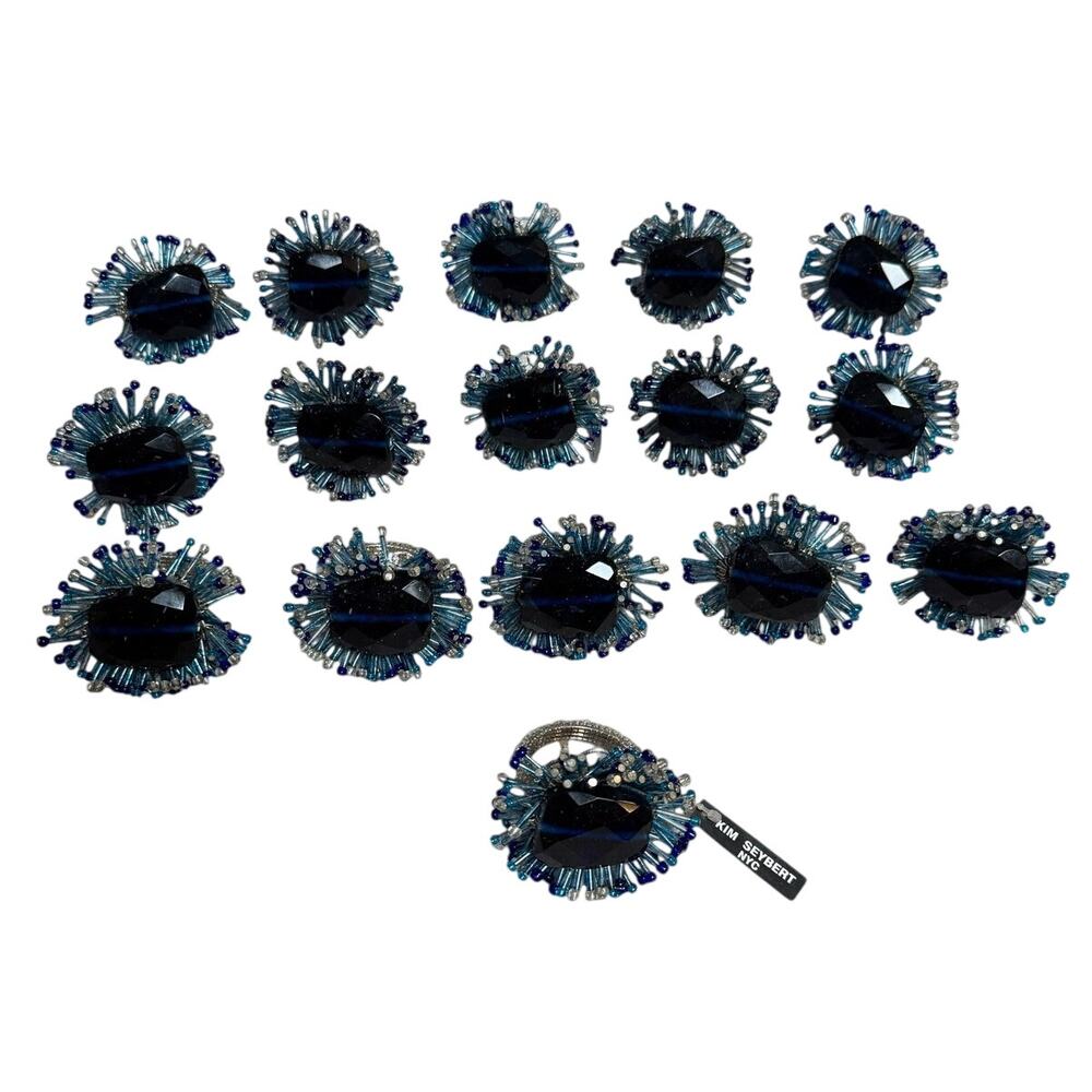 Kim Seybert Set of 16 Blue Glass Stone with Blue Beads Napkin Ring Holders